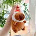 Capybara plush keychain in a white rooster outfit with silver metal bead chain - Chicken Hat Style (Silver Chain)