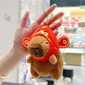 Cute capybara plush keychain wearing a traditional red lucky hat with gold coin details - Lucky Hat Style (Silver Chain)