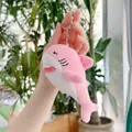 Detailed view of pink shark plush keychain with soft fabric and silver metal clasp - Hanging Chain / Pink