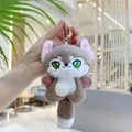 Close-up of cute grey plush fox keychain with soft fur texture and embroidery details - Wolf Style with Chain / Brown / 10cm