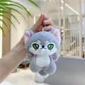 Detail of cute grey plush fox keychain with green embroidered eyes and metal chain - Wolf Style with Chain / Gray / 10cm