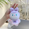 Detail of purple plush bunny keychain featuring lace bib and cherry embroidery - Purple With Chain / 12cm