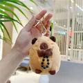 Brown plush capybara keychain with bow tie and bead string charm for bags - Prayer Beads Style (Gold Clasp)