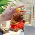 Plush Capybara keychain with yellow crown and red plaid cloak, cute backpack charm - Master Monk Style (Silver Chain)