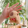 Cute capybara plush keychain with red checkered bow and silver metal link chain - Red Bowtie Style (Silver Bead Chain)