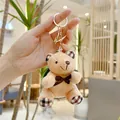 Portachiavi orsetto di peluche marrone chiaro con fiocco in seta e motivi a quadri - Chiusura Oro / Cuoio