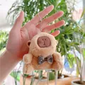 Plush brown bear keychain with a checkered bowtie and metal ring on a soft furry body - Brown Bowtie Style (Silver Bead Chain)