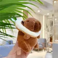 Brown capybara plush keychain with a white toast collar accessory held in hand - Donut Style (Silver Bead Chain)