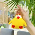Close-up of a soft yellow plush chicken keychain with metal ring held in hand - Chicken Style With Sounder / 10cm / Yellow Chicken (Silver Chain)
