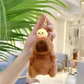 Plush brown capybara keychain with a small yellow chick on top and golden ring - Chick on Head Style (11cm) / Gold Clasp