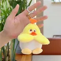 Close-up of cute yellow duck plush keychain with green leaf and silver metal ring - Approx 9cm / Yellow (With Chain)