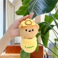 Detail of yellow plush bear pendant with sunflower and green Flower embroidery - 14-16cm Bead Chain / Brown Bear