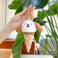 Detalle de llavero de peluche de cono de helado con cabeza de perrito blanco y aro dorado - Cachorro Marrón / Cierre Dorado / Unos 14cm