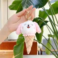 Primer plano de llavero de peluche de cachorro blanco con diseño de helado y aro dorado - Perro Rosa / Cierre Dorado / Unos 14cm