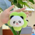 Close-up of plush panda keychain featuring a green clover frame and silver bead chain - Hanging Chain / Green