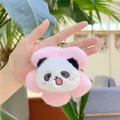 Detailed close-up of a plush red panda flower pendant with soft pink petals and metal chain - Hanging Chain / Pink