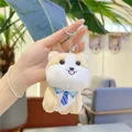 Cute shiba inu plush keychain featuring a blue striped tie and silver metal ring charm - Hanging Chain Style / Brown / 11cm