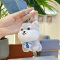Close-up of a cute gray Shiba Inu plush keychain with a blue striped tie detail - Hanging Chain Style / Gray / 11cm