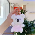 Cute white plush koala keychain with pink striped bib and silver metal ring - White with Bib