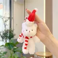 Close-up of a white plush Christmas bear keychain with a red hat and striped scarf - 11cm / Hanging Chain Style / Off-White Red White Scarf