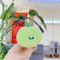 Cute round green plush keychain with embroidered smiley face and soft faux fur texture - 8cm Mink Fur Green Apple / Plain Chain
