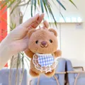 Brown plush bear keychain with blue plaid lace bib and golden metal chain detail - Hanging Chain / Brown