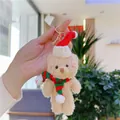 Detail of Christmas teddy bear plush keychain with red Santa hat and striped scarf - 11cm / Gold Lobster Clasp / Brown Red Green Scarf