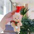 Close-up of cute plush Christmas bear keychain with red knit hat and scarf detail - 11cm / Hanging Chain Style / Brown Red Green Scarf