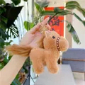 Brown fluffy pony plush keychain with golden metal ring and rivet leather bridle detail - Gold Metal Buckle / Long Haired Light Brown