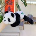 Lying giant panda plush toy with soft black and white fur and green heart detail - Panda / 20cm