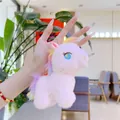 Close-up of pink plush unicorn keychain with colorful mane and fine embroidery details - Pink Bead Chain / 12cm