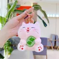Pink plush lucky cat keychain with green Health tag and gold metal clip accessory - Pink With Gold Clasp
