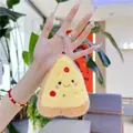 Close-up of cute plush pizza slice keychain with embroidered face and metal hook - Black Eye Pink Cheek Smile Pizza (Style 1) / Silver Chain