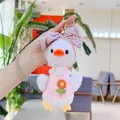 Cute white plush duck keychain with pink floral bow and daisy embroidered clothes - Gold Clasp / 19cm / Pink