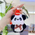 Close-up of panda plush keychain with red LOVE hat and checkered ribbon detail - Red Hat (Gold Clasp)