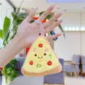 Detailed view of a plush pizza slice keychain with embroidered face and metal clip - Cheese Smile Colorful Pizza (Style 4) / Silver Chain