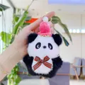 Detail of panda plush keychain with pink knitted hat and red-green plaid bow tie accessory - Pink Hat (Gold Clasp)