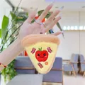 Close-up of cute pizza plush keychain with embroidered smiley face and metal ring - Apple Smile Pizza