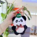 Cute plush panda keychain featuring green knitted hat with LOVE text and plaid bow - Green Hat (Gold Clasp)