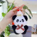 Close-up of cute panda plush keychain with LOVE hat and a plaid bow on a gold ring - White Hat (Gold Clasp)