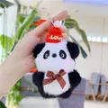 Plush panda keychain with a red LOVE hat and checkered bow tie held by hand - Red Hat (Link Chain)