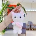 Close-up of white plush kitten keychain with pink fish accessory and metal ring - White (With Chain) / About 15cm