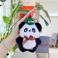 Close-up of panda plush keychain with green LOVE hat and plaid bow held in hand - Green Hat (Link Chain)