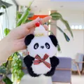 Close-up of cute plush panda keychain with LOVE knit hat and red-green plaid bow tie - White Hat (Link Chain)