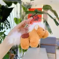 Handheld light brown plush horse keychain with white fluffy mane and saddle - 13cm / Plain Chain / Brown Saddle