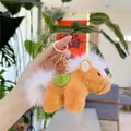 Brown and white plush horse keychain with green saddle and golden metal ring - 13cm / Gold Metal Buckle / Green Saddle