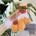 Brown plush pony keychain with white fluffy mane and golden lobster clasp - 13cm / Gold Metal Buckle / Brown Saddle