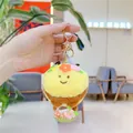 Close-up of cute plush bee keychain with flower decor and small checkered flower basket - Gold Clasp / Approx 9cm