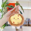 Close-up of cute plush pizza keychain with smiling face and golden metal lobster clasp - Round Pizza (Golden Buckle)