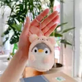 Cute gray penguin plush keychain with pink bear hoodie and silver metal keyring link - Plain Chain / Pink / 10cm